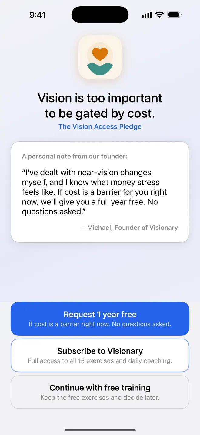 Get Visionary Vision Access Pledge screen with a one-tap request for one year of free access