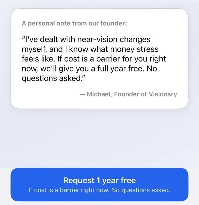 Get Visionary founder note with a one-tap request for one year of free access