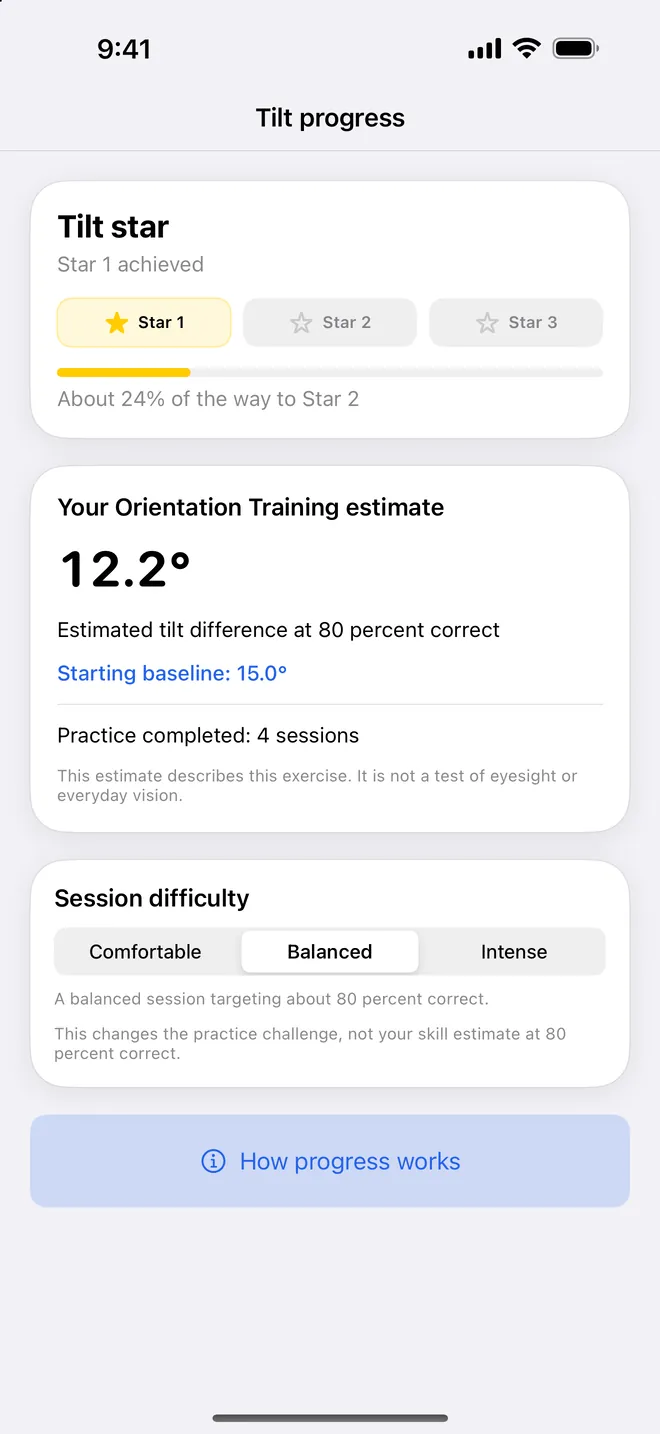 Get Visionary progress screen for one exercise: a star earned, the exercise estimate, and a note that it is not a test of eyesight