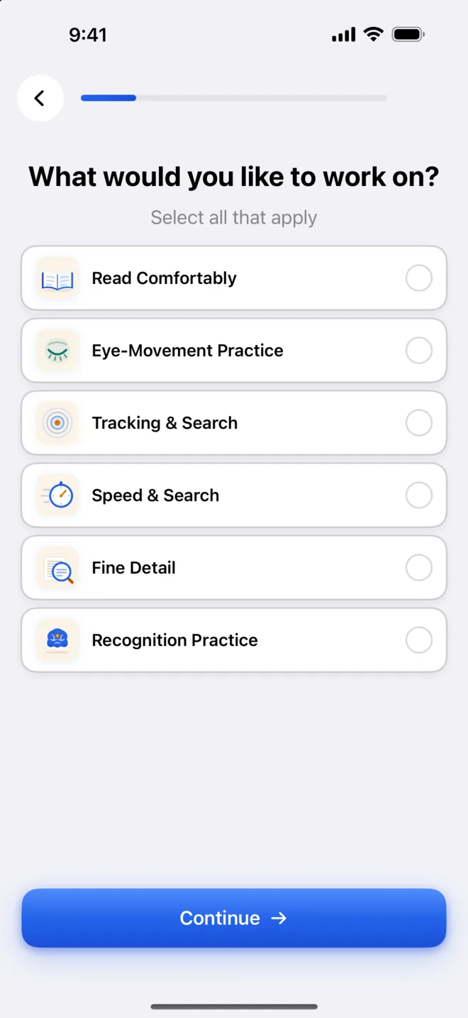 Get Visionary goals screen asking what you would like to work on